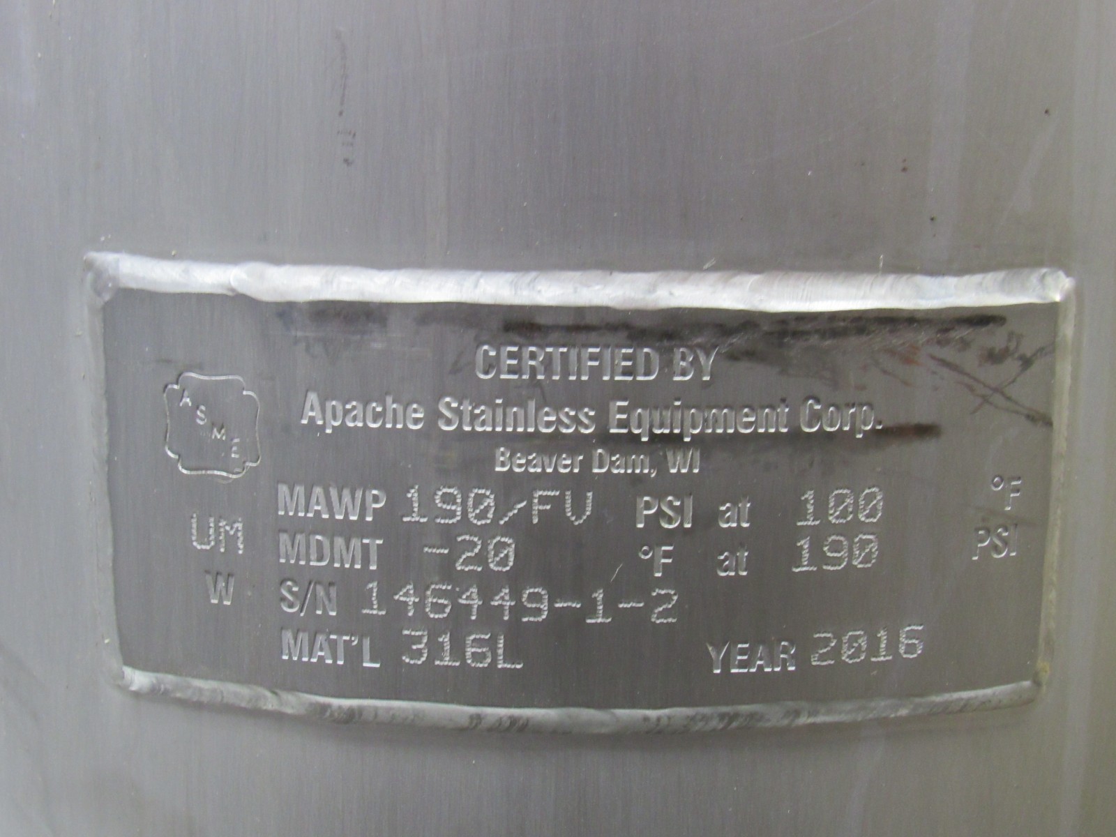 Apache 120-10 Stainless Pressure Vessel Tank 10.4 Gal 39.4L 190Psi 100°F 2016Yr