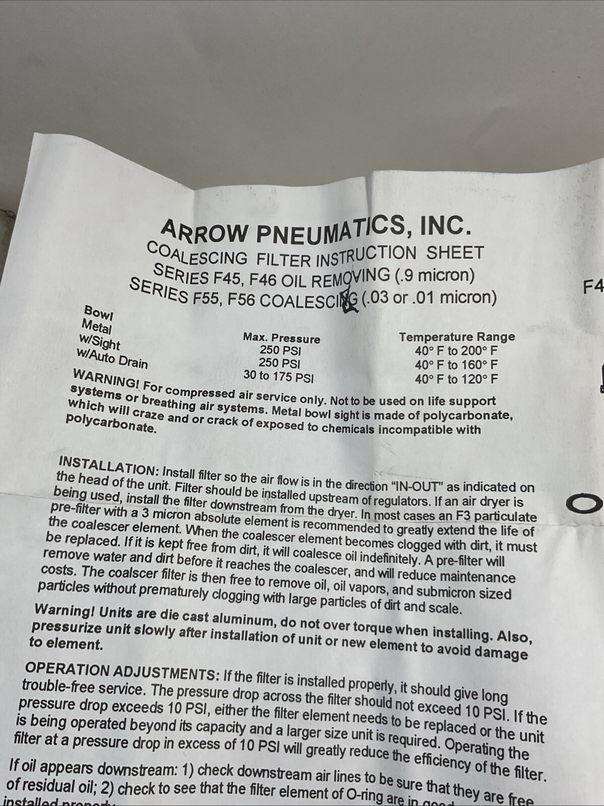 NEW ARROW F562-v COALESCING FILTER 3/8 N.O.S.
