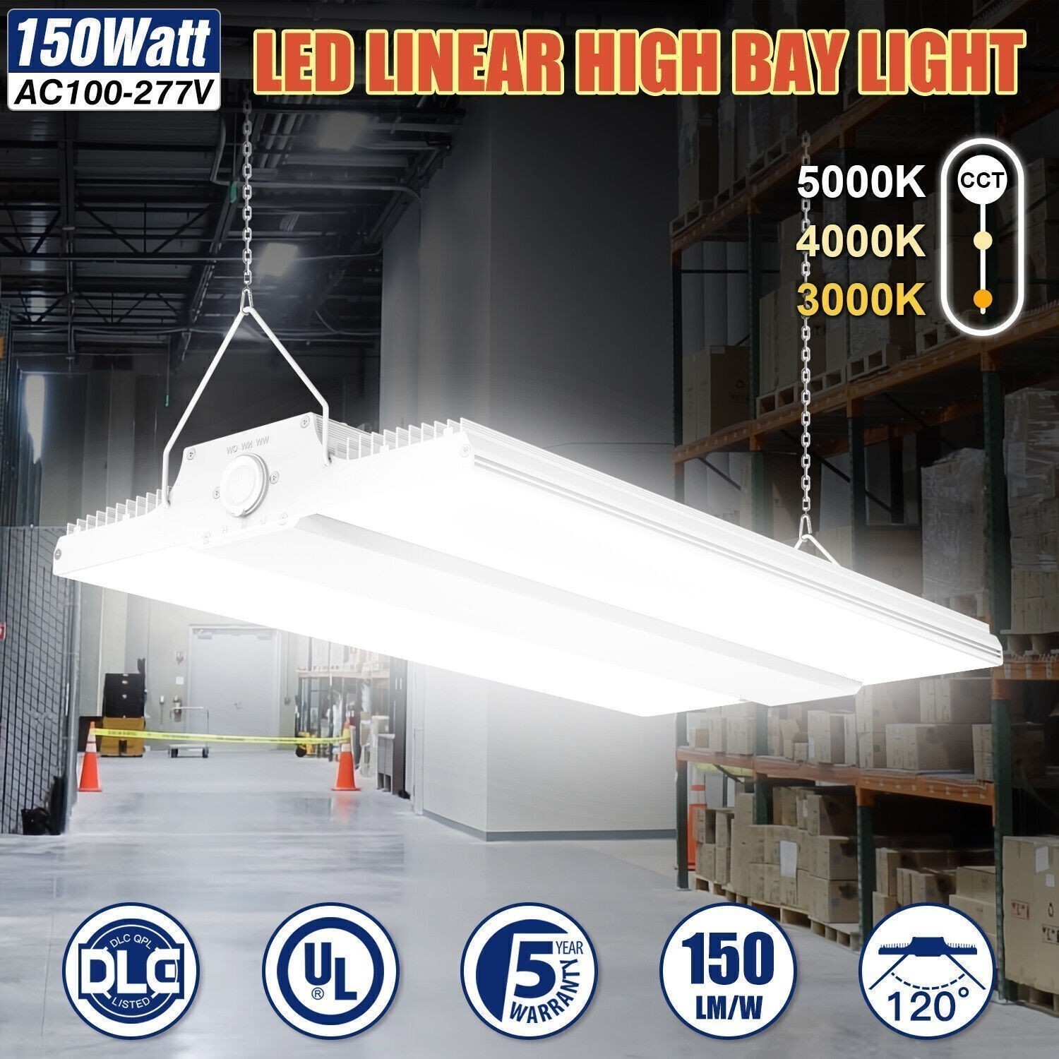 Garage Shop Lights 150W 5700K/4000K/5000K LED Linear High Bay Light Commercial