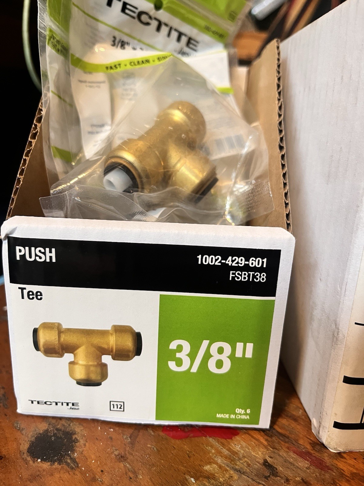 6 PCS Tectite 3/8 in. Brass Push-to-Connect Tee FSBT38