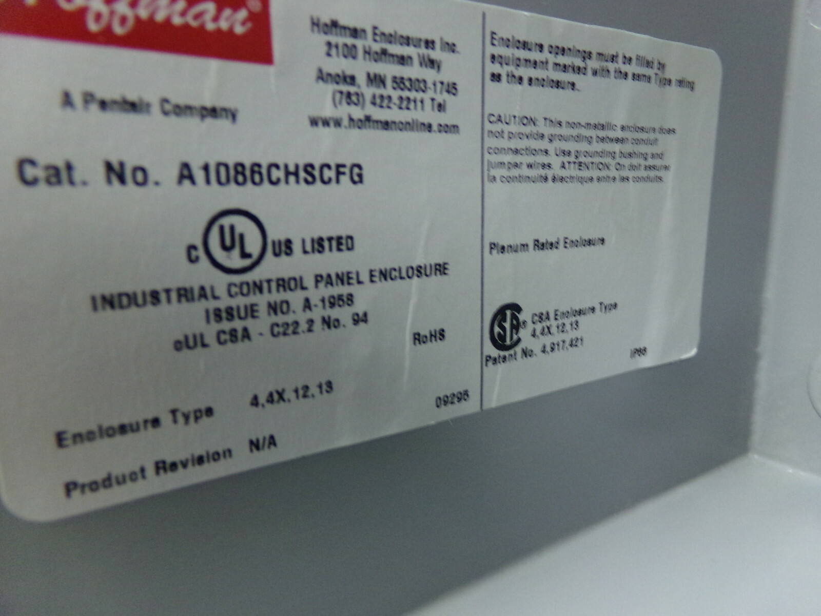 Hoffman A1086CHCFG Industrial Control Panel Enclosure Type 4,4X,12,13 10-1/0x9x6