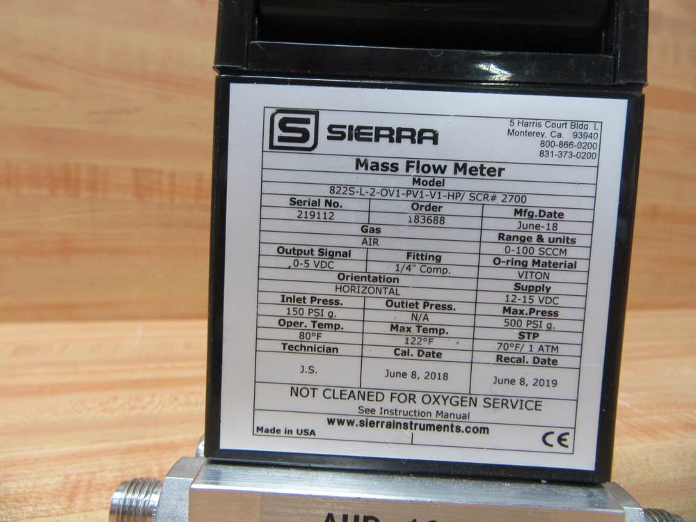 Sierra 822S-L-2-OV1-PV1-V1-HP/SCR #2700 Mass Flow Meter 0-100 SCCM 150PSI