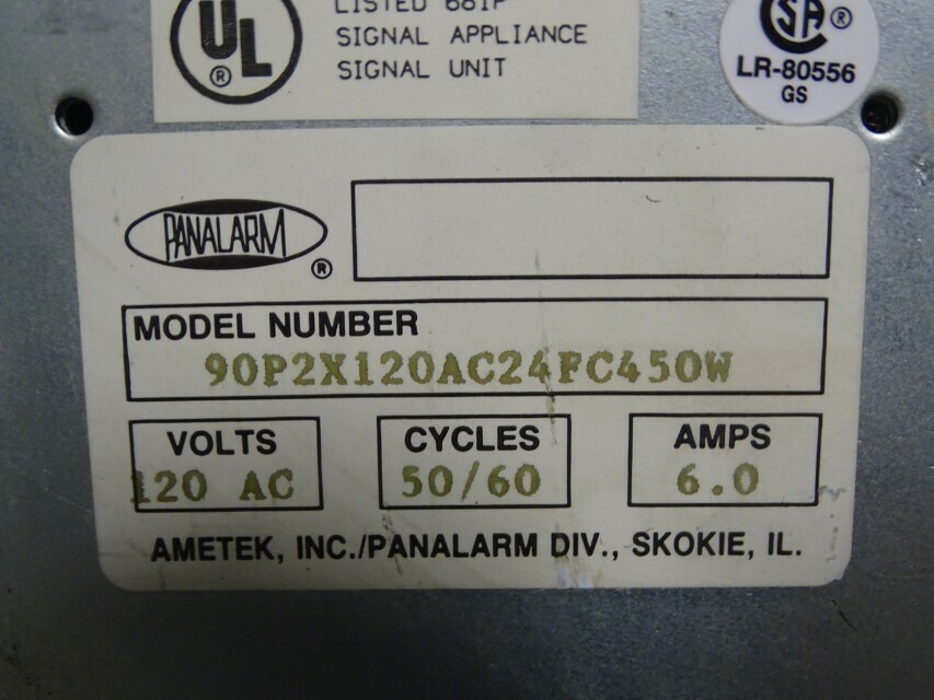 Panalarm Power Supply 120AC, 6AMps, 50/60 Cycles, 90P2X120AC24FC450W