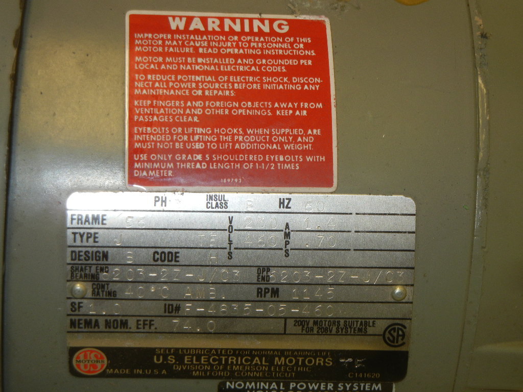U.S. ELECTRICAL MOTORS F-4835-05-460 USED MOTOR 1/3 HP 1145 RPM F483505460