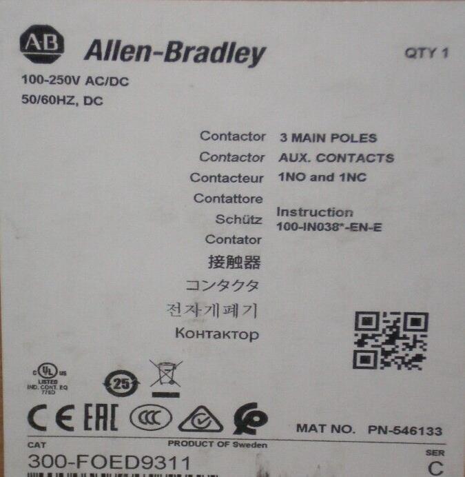 New Allen Bradley 300-FOED9311 Contactor, 3 Main Poles Operating Voltage 100-250