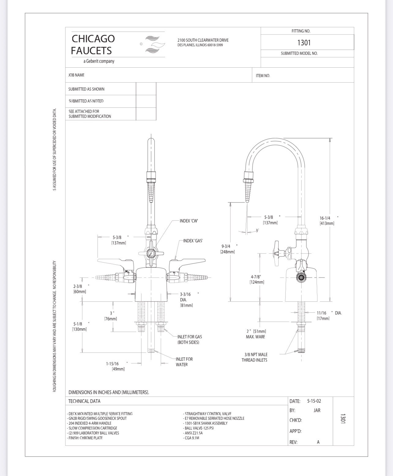 Chicago Faucets Single Hole Lab Faucet with Cross Handle, High Arch Vacuum Break
