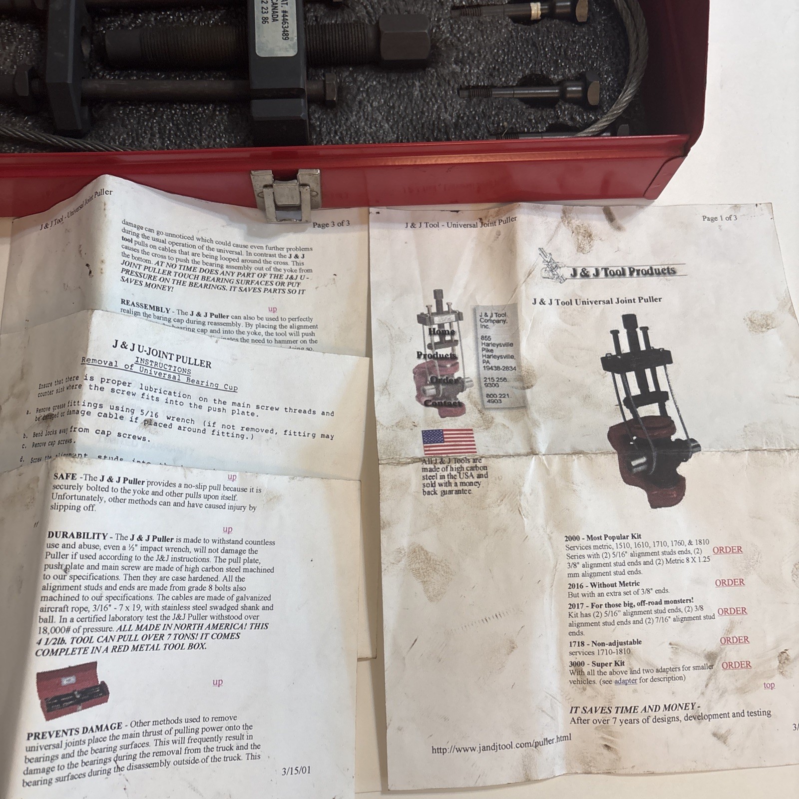 J & J Tool Co U-Joint Puller Complete Kit Universal Joint Puller w/ Case, Manual