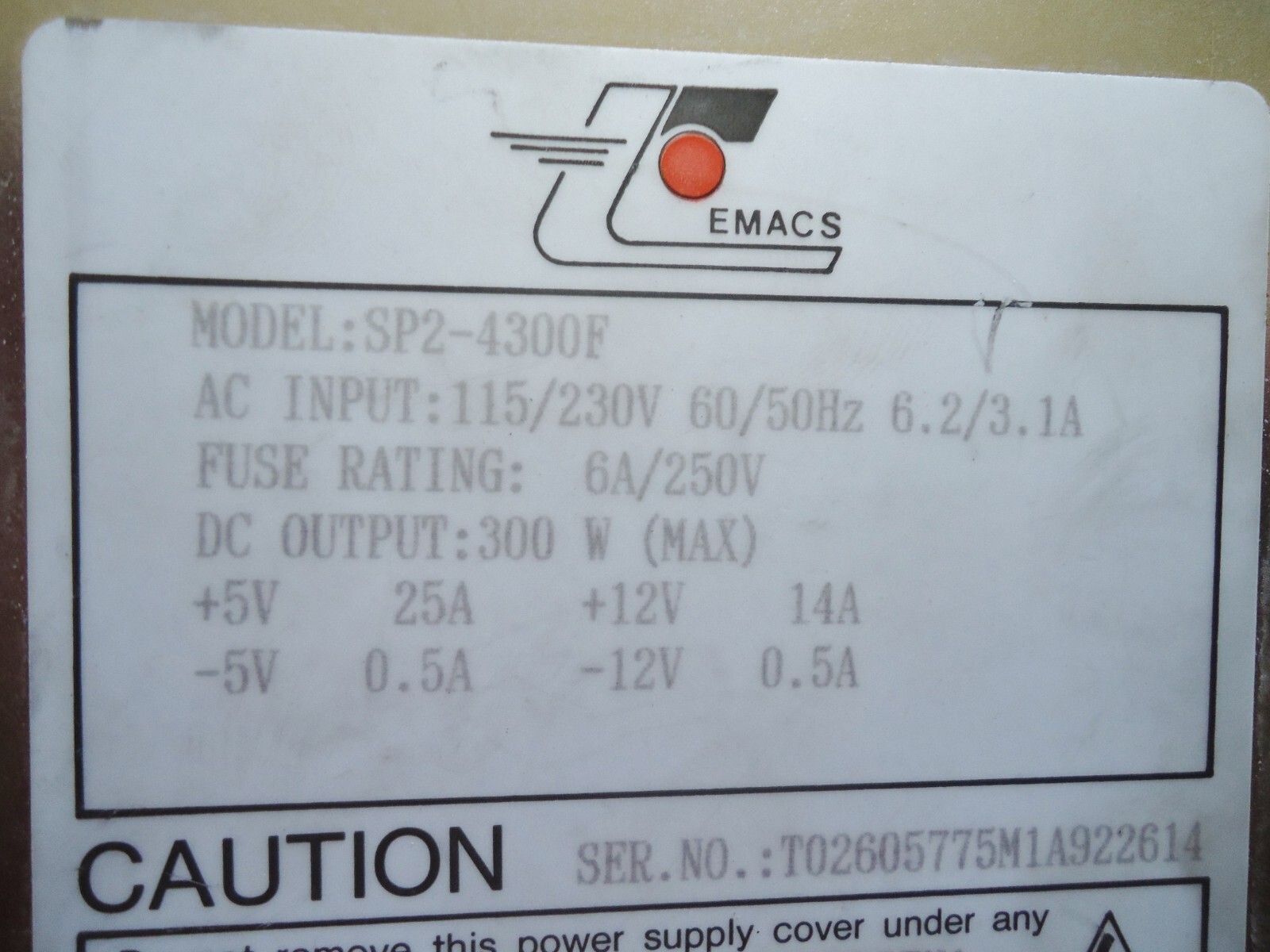 Emacs SP2-4300F Power Supply. AC Input: 115/230V, 60/50 Hz. 6.2/3.1A