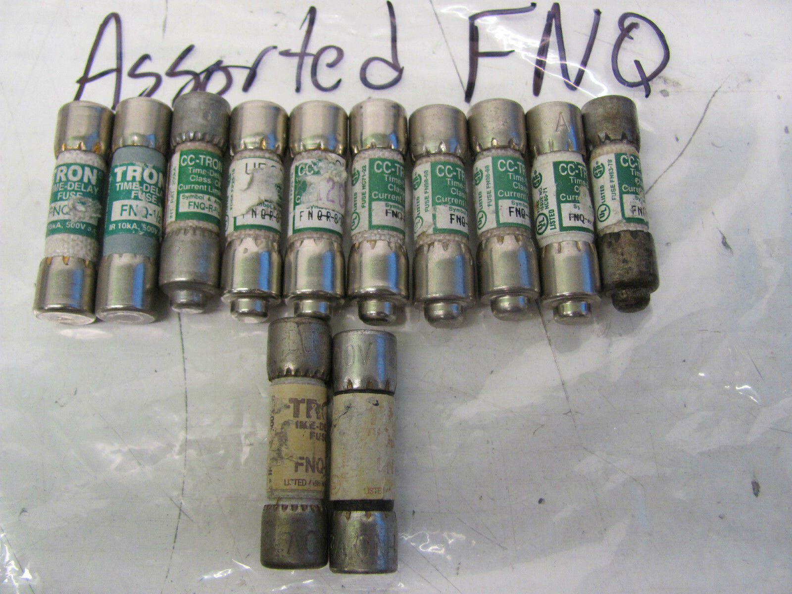 LOT OF 12 ASSORTED BUSSMANN TIME DELAY FUSES FNQ 1/2 6/10 8/10 2 5 25 30