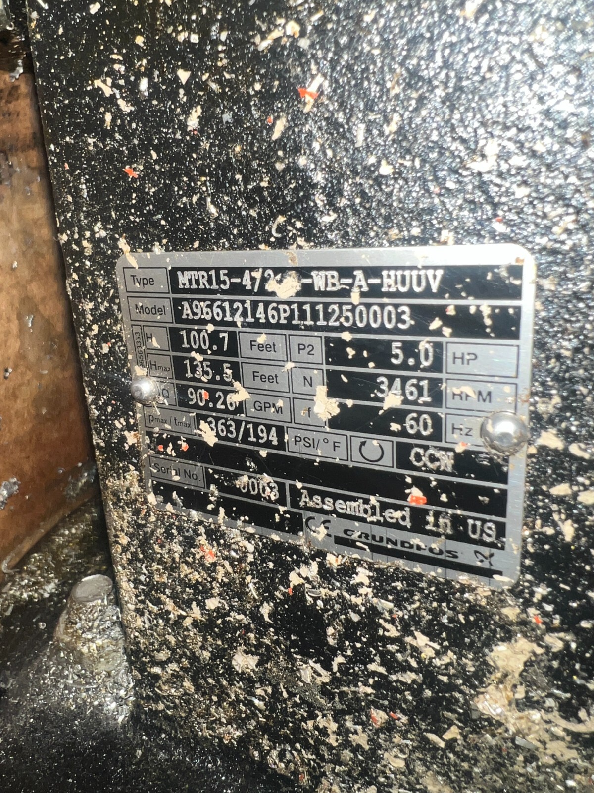 Grundfos #MTR15-4/2 A-WB-A-HUUV Pump w/Motor: 85600H12 Baldor