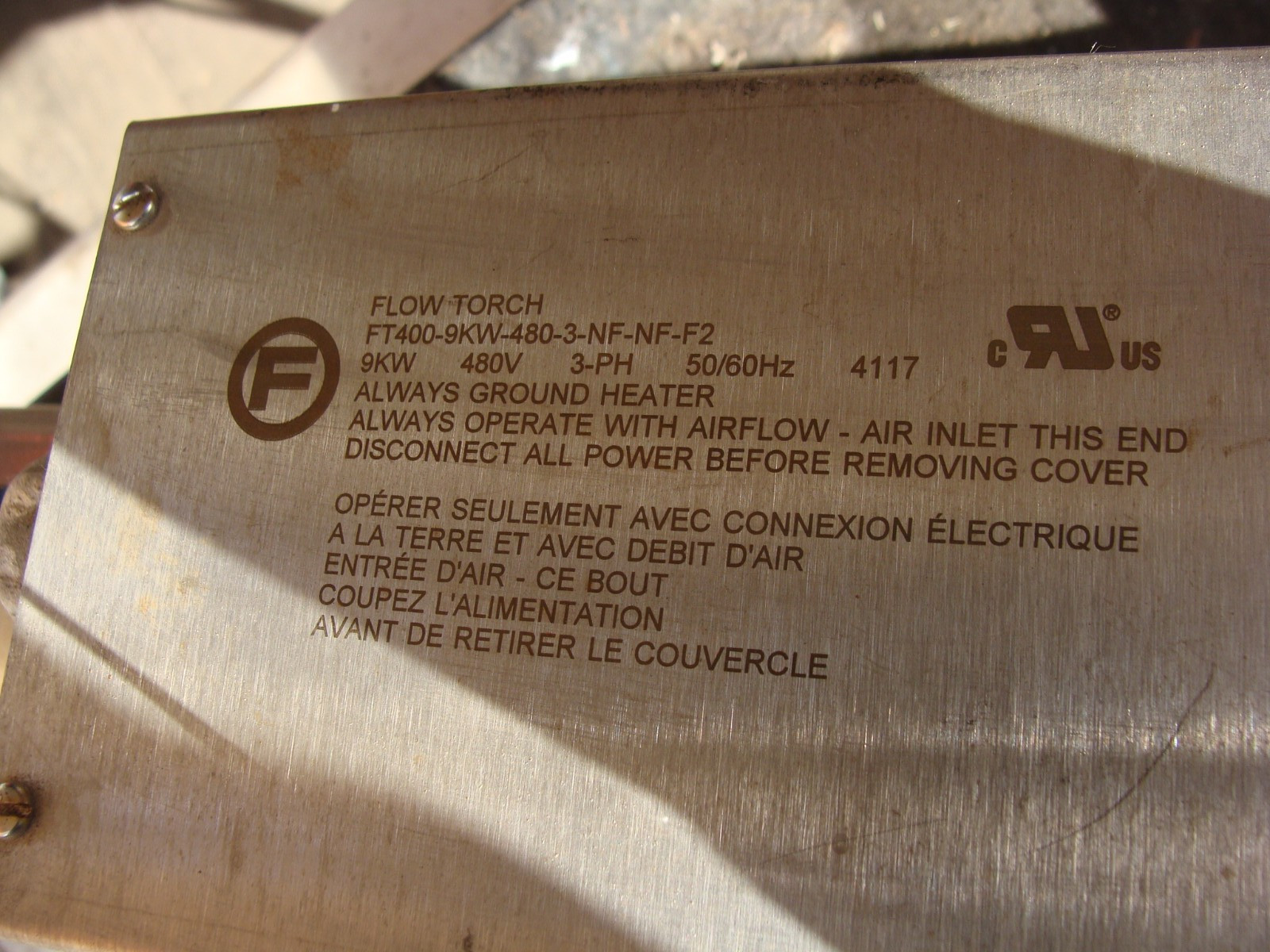 FLOW TORCH FT400-9KW-480-3-NF-NF-F2 STAINLESS STEEL GROUND HEATER 4″ 3PH
