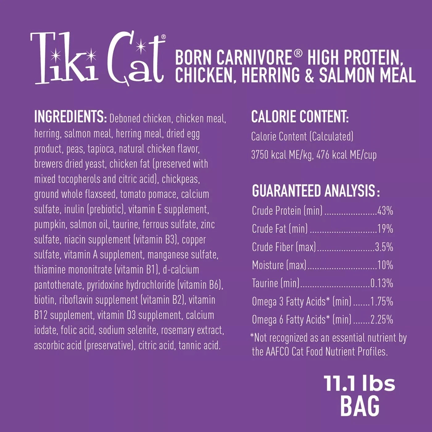Tiki Born Carnivore High Protein Dry Cat Food, Chicken, Herring & Salmon 11.1 Lb
