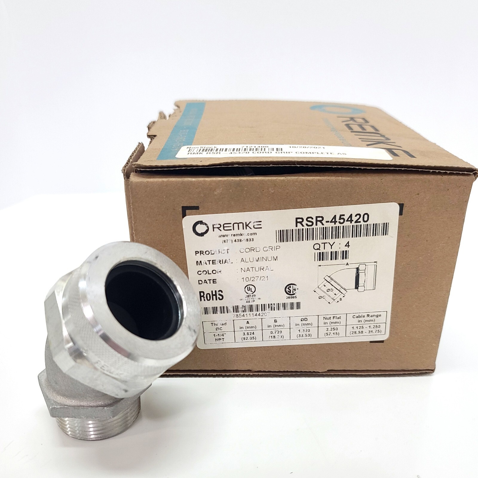REMKE Aluminum Cord Grip RSR-45420 ~ 45° 1-1/4″ NPT ~ 1.125 -1.25 Cable Range
