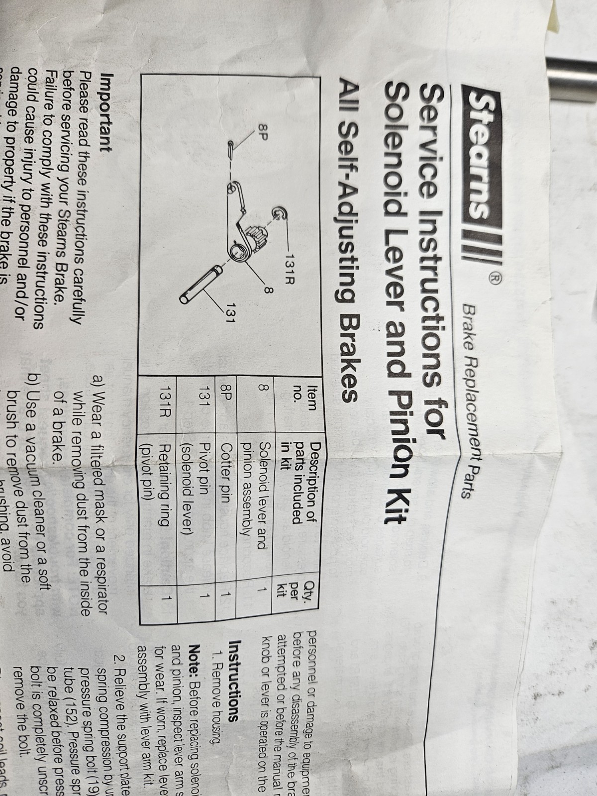 STEARNS Solenoid Lever and Pinion Kit – 8-078-947-03 New old stock