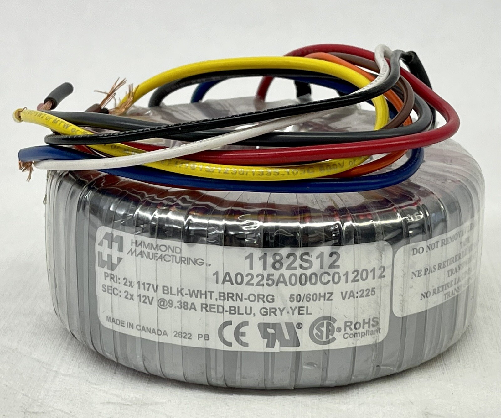 Toroidal Power Transformer 115/230 VAC 225 VA Hammond 1182S12