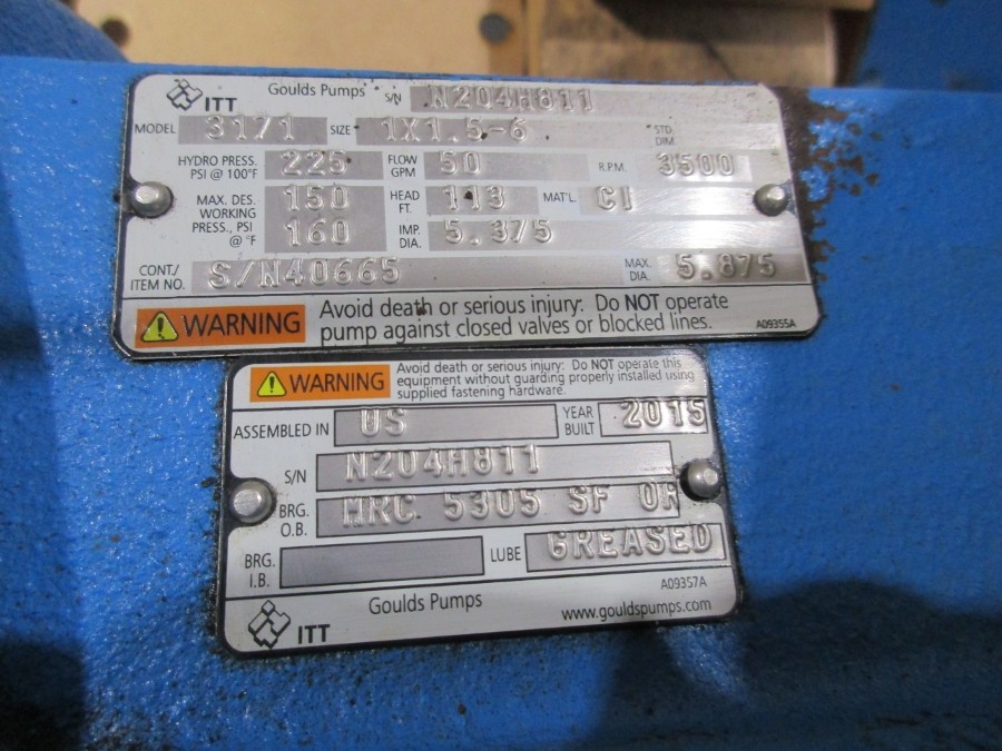 GOULDS PUMPS 40665 CLASS MMPUMZZ 3171 208-230/460V 13.1-11.8/5.90A 225PSI