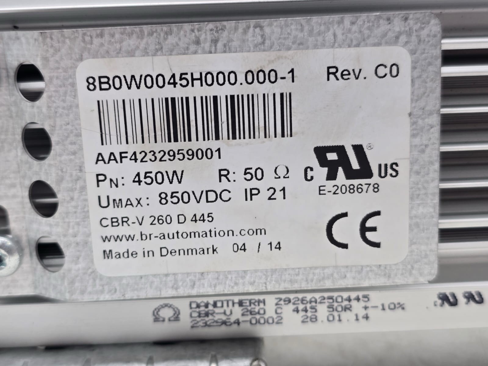 B&R 8B0W0045H000.000-1 Brake Resistor 450W 50Ω 850VDC IP21 Industrial Breaking