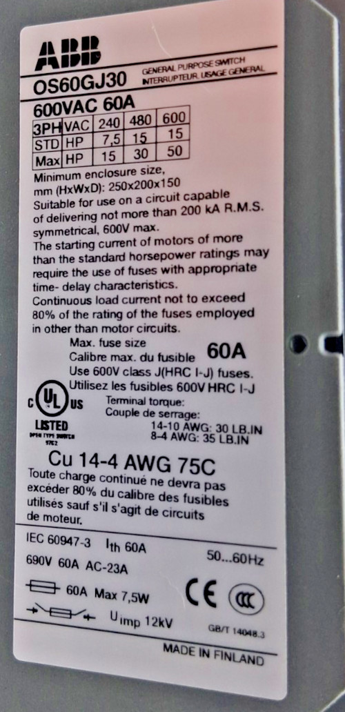 ABB OS60G-J30 Fusible Disconnect w/LPJ-40SP Fuses