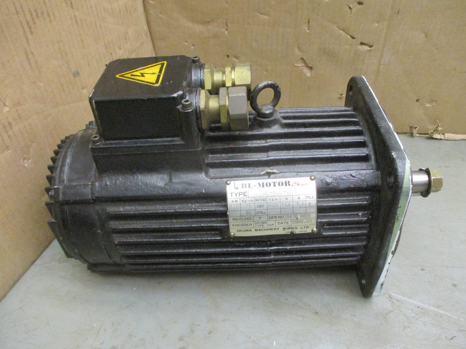 Okuma BL-Motor Type BL-80E-20T 1.5KW 73/80Kg-cm 2000RPM 154V 7.5A 53193AH