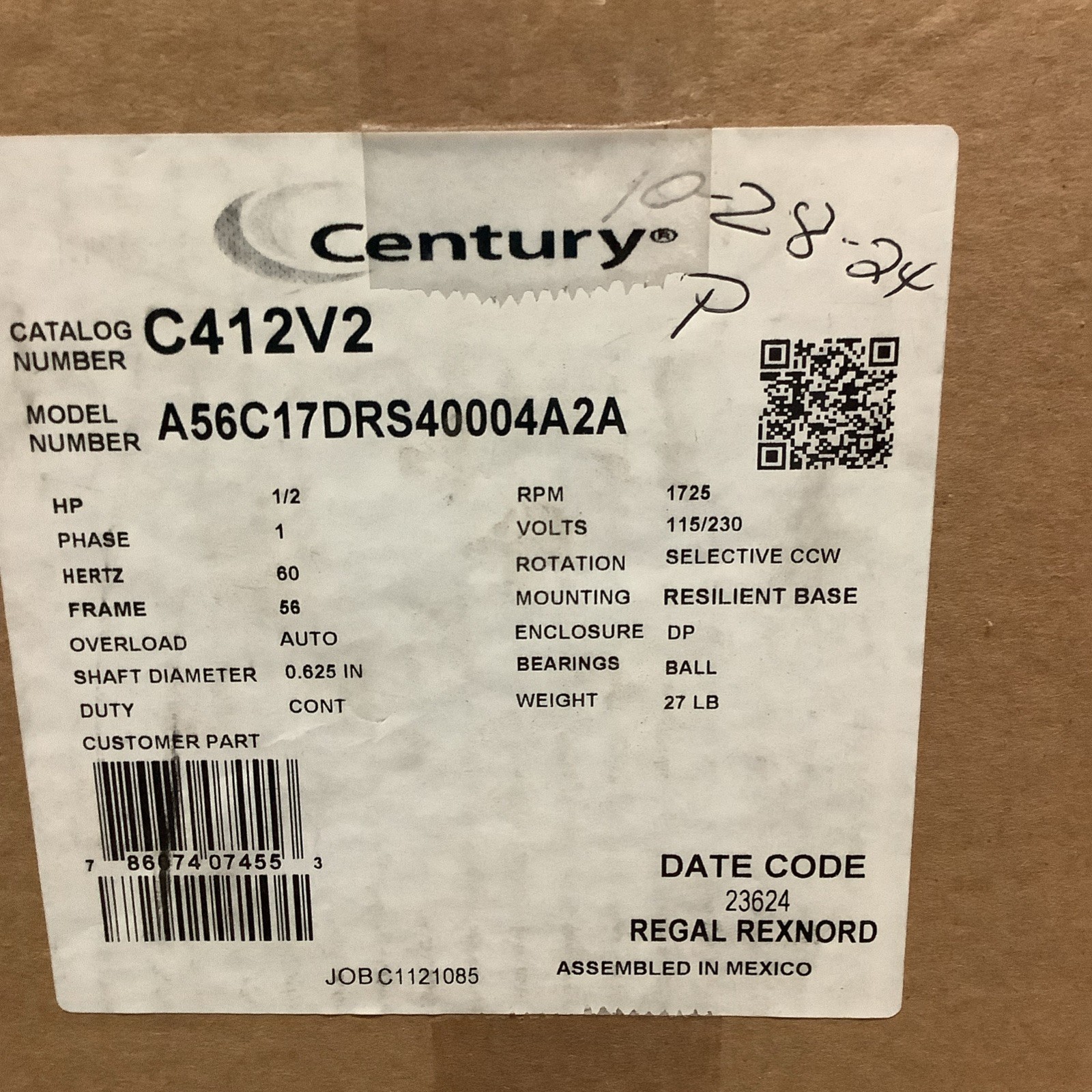 CENTURY C412V2 Motor, 1/2 HP, 1725 rpm, 56 Frame, 115/208-230V