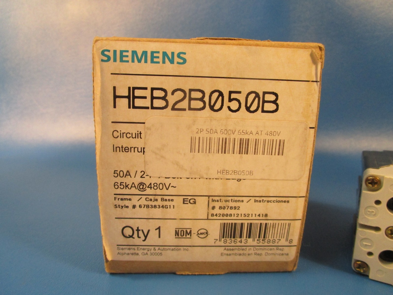 Siemens HEB2B050B, Circuit Breaker, 2-pole, 50A bolt-on molded case, rated 65kAI