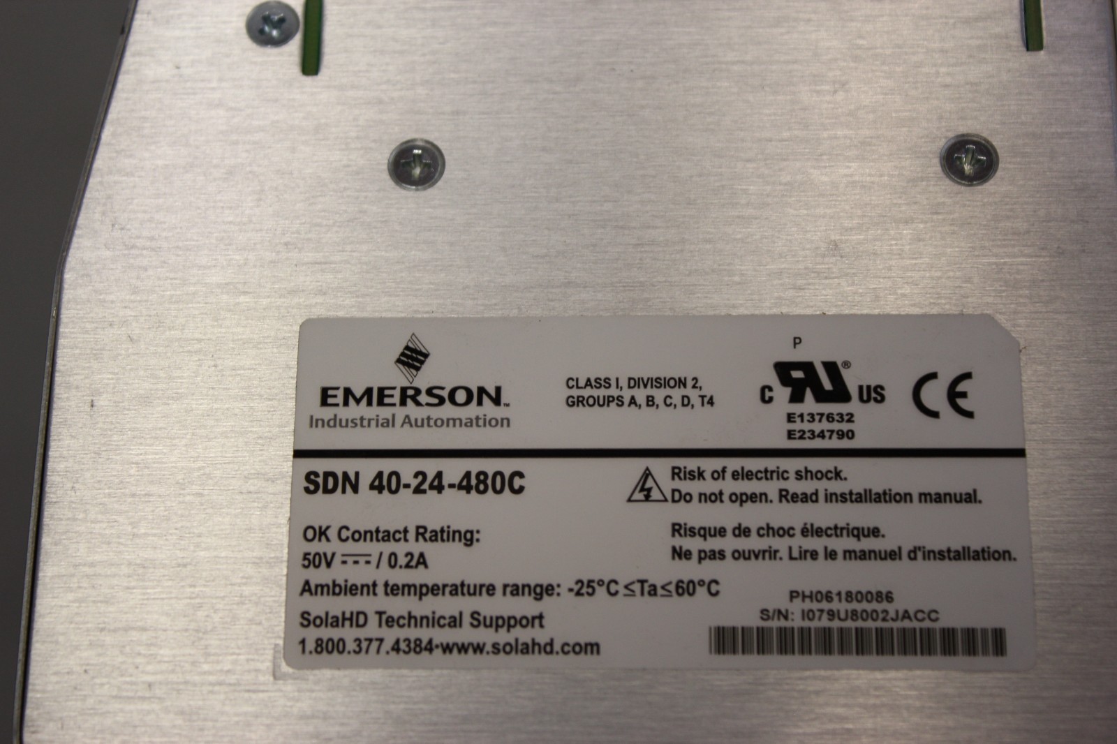SOLA/EMERSON AUTOMATION 24V POWER SUPPLY SDN 40-24-480C