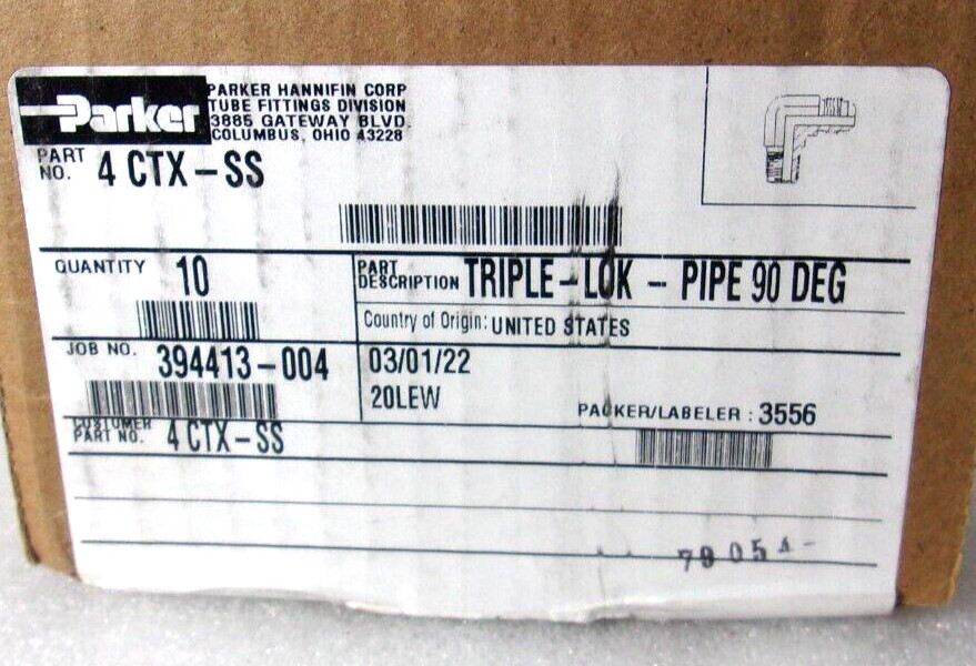 Parker 4-4CTX-SS, Stainless Steel 316, Elbow 90 Deg, Hydraulic Triple Lok Pipe