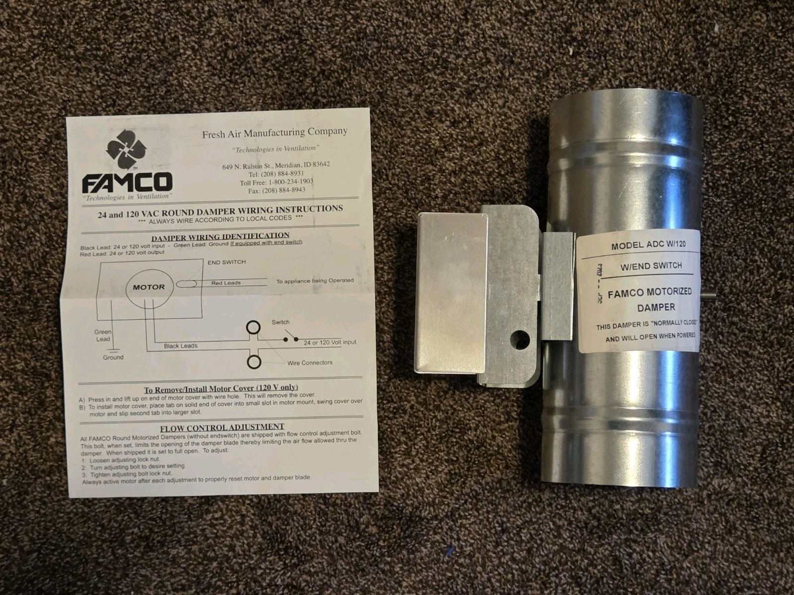 FAMCO ADC4120ES Motorized Damper Power Open 4 Inch 120 Volt W/End Switch