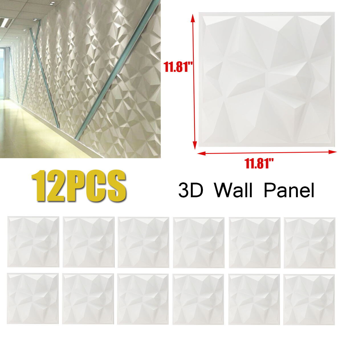 3D 12Pcs Wall Panels PVC Geometric Brick Art Design DIY 11.8″x11.8″ Wallpaper