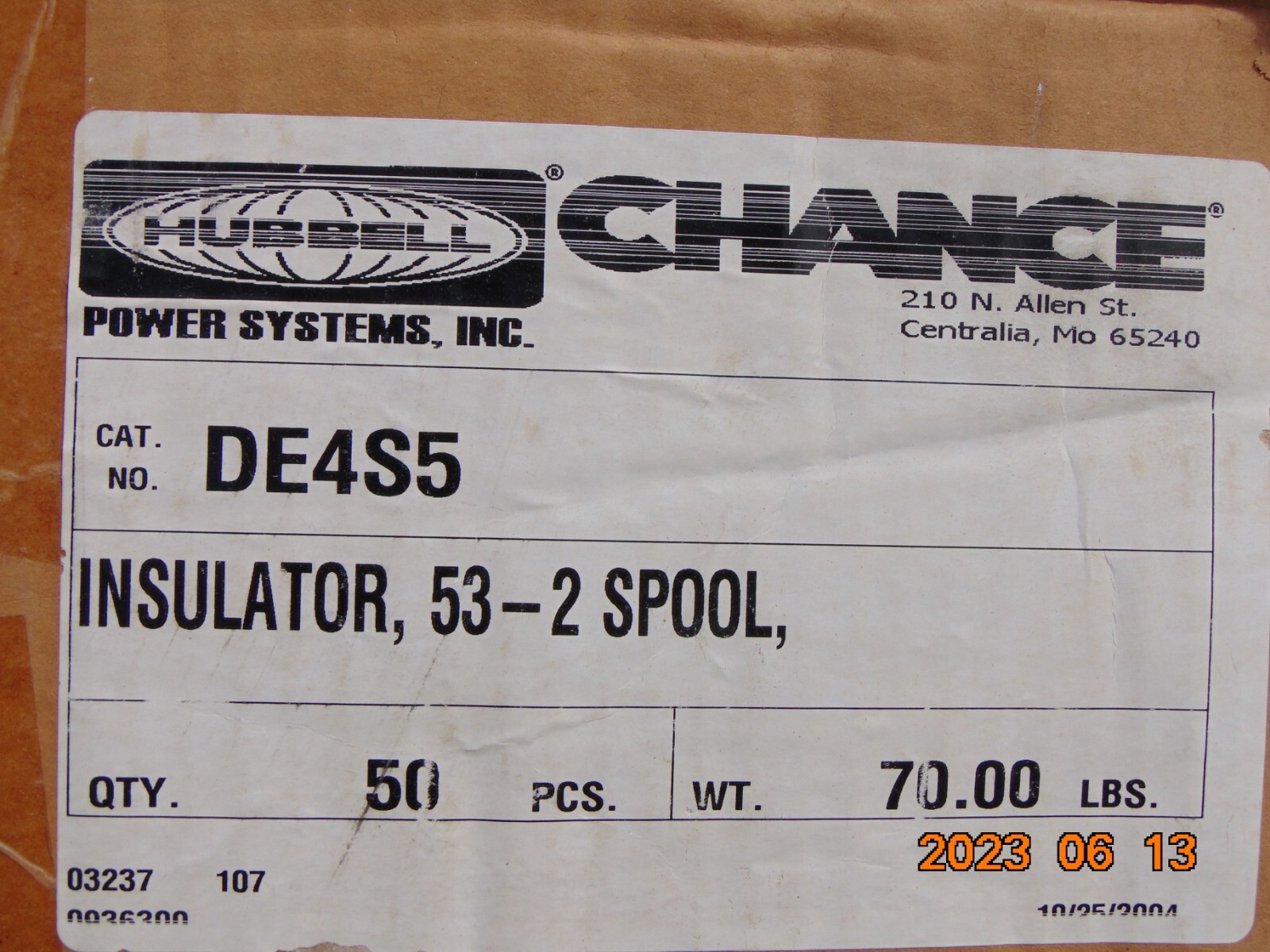 (1) Hubbell 53-2 SPOOL INSULATOR DE4S5 HUBBELL CHANCE