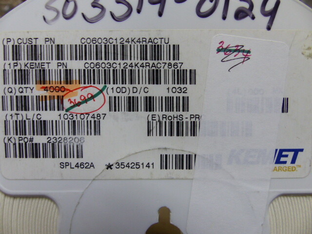 KEMET ELECTRONICS CORP C0603C124K4RACTU Qty of 2755 per Lot 0.12?F �10% 16V CER