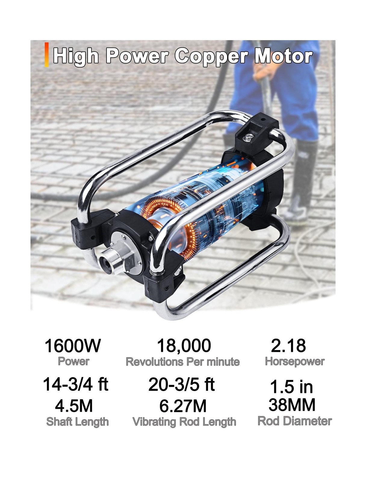 Concrete Vibrator, 1600W 2HP 18000RPM, 14-3/4ft Flexible Shaft, Electric Conc…