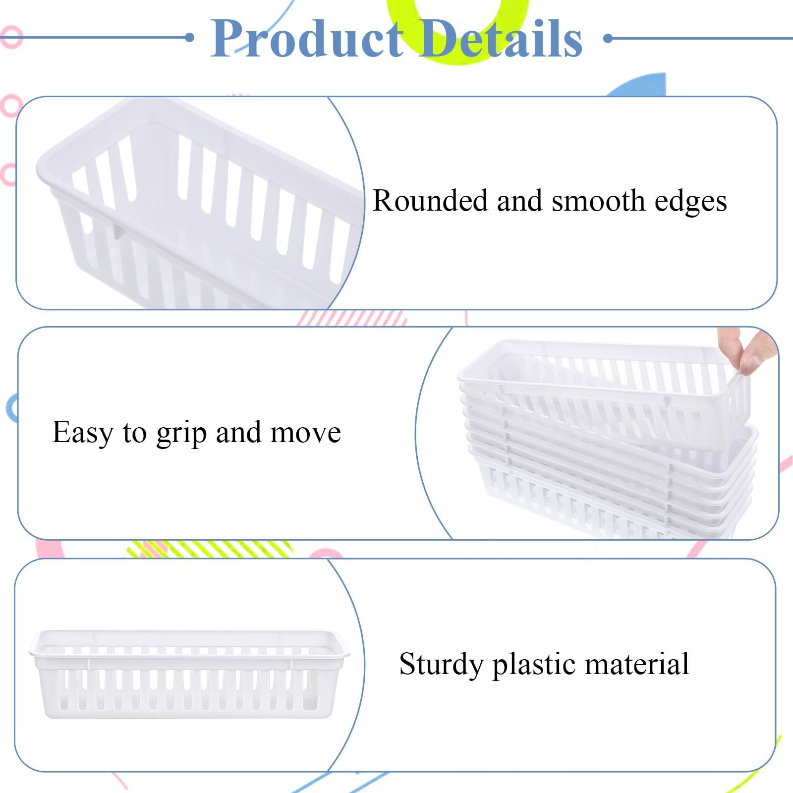 15 Pack Slim Plastic Storage Baskets Tray for Organizing, 9.84 X 2.17 X White
