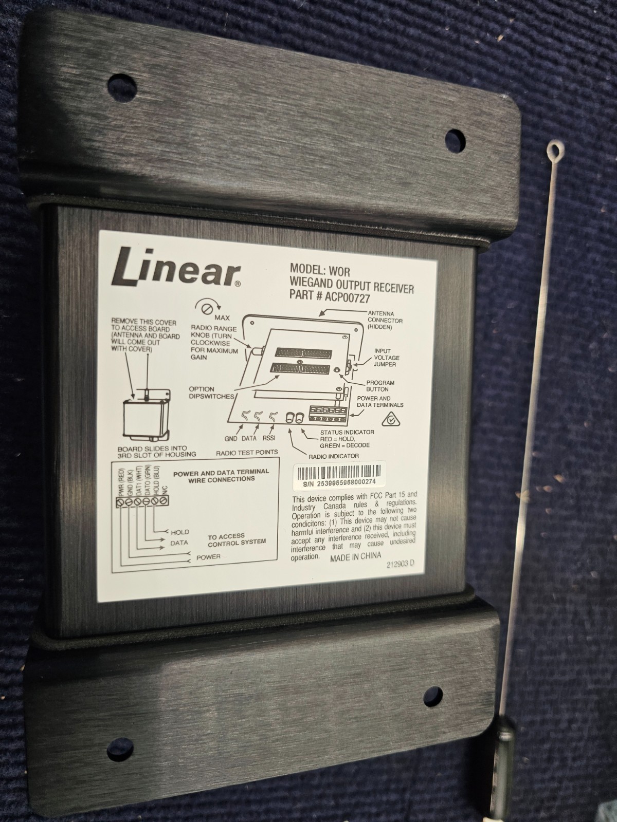 Linear ACP00727 WOR Wiegand Output Receiver 5 to 500 ft Adjustable Range