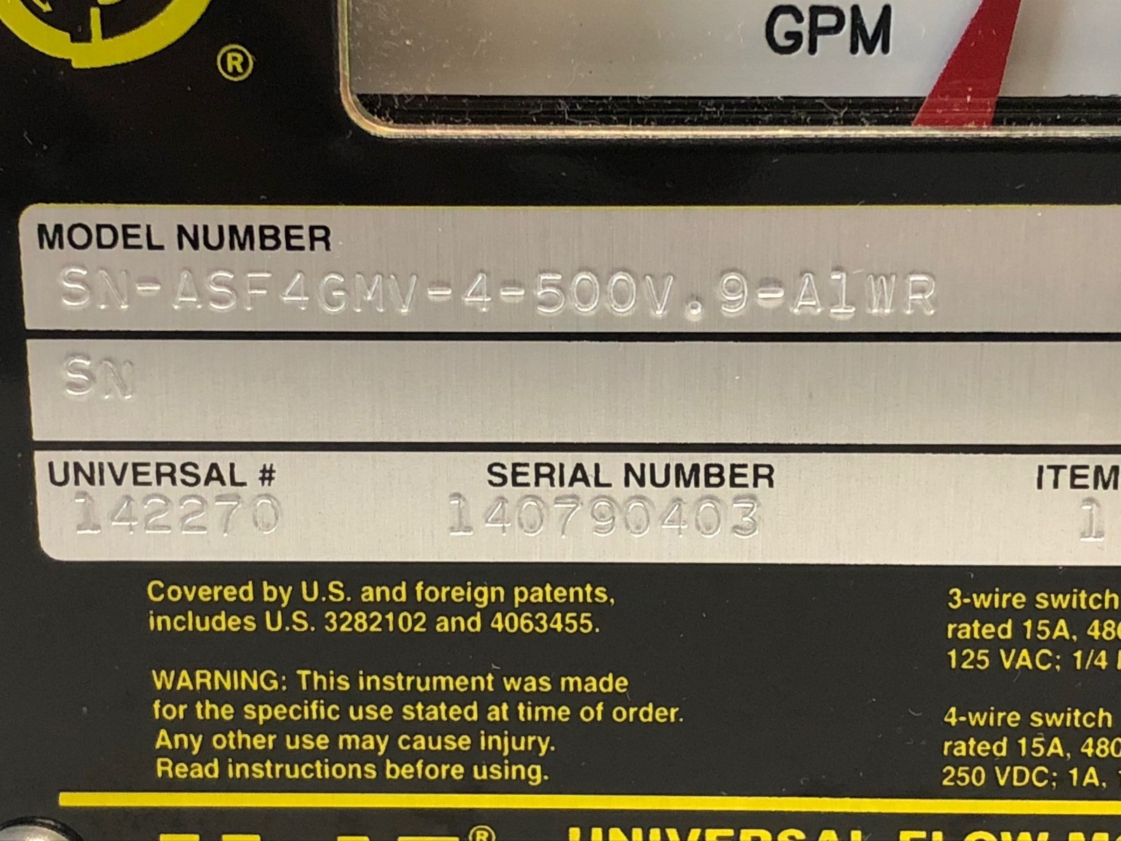 NEW OLD STOCK! UNIVERSAL FLOW UFM 0-4-GPM MONITOR SN-ASF4GMV-4-500V.9-A1WR