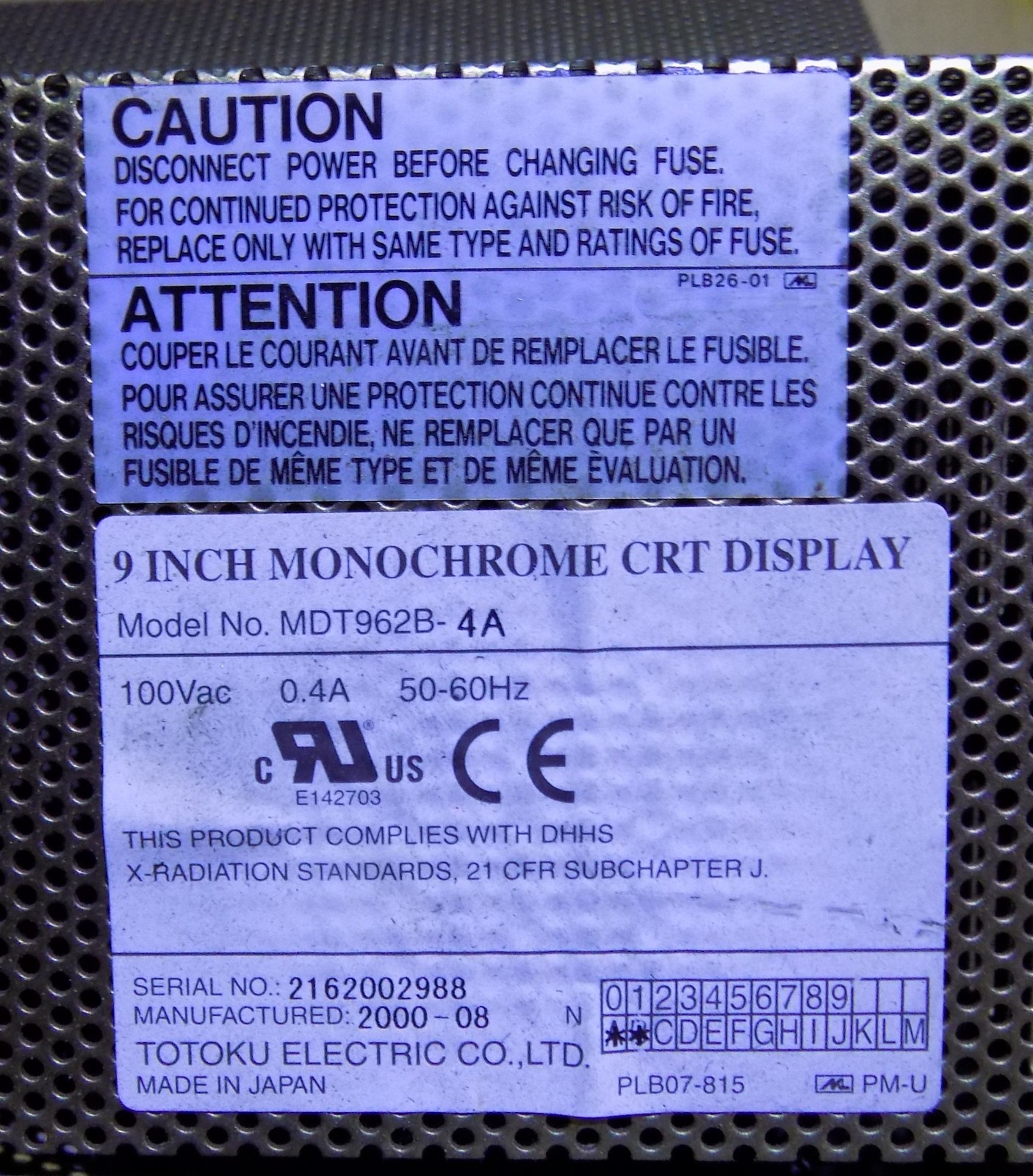 TOTOKU model MDT962B-4A 9 inch monochrome CRT display monitor