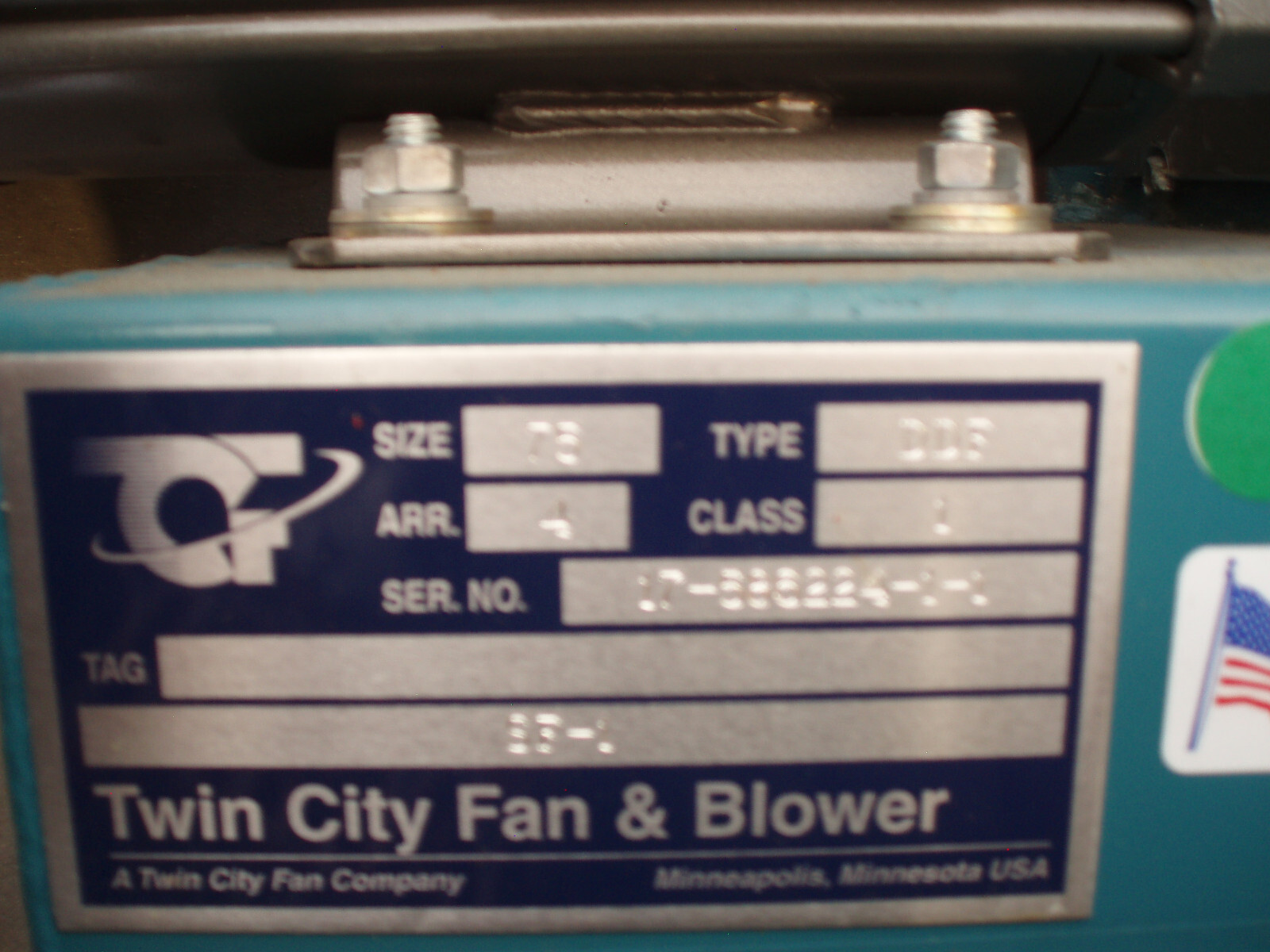 TWIN CITY FAN & BLOWER SIZE 75 TYPE DDF ARR 4 CLASS 1 WITH BALDOR 1/2 HP MOTOR