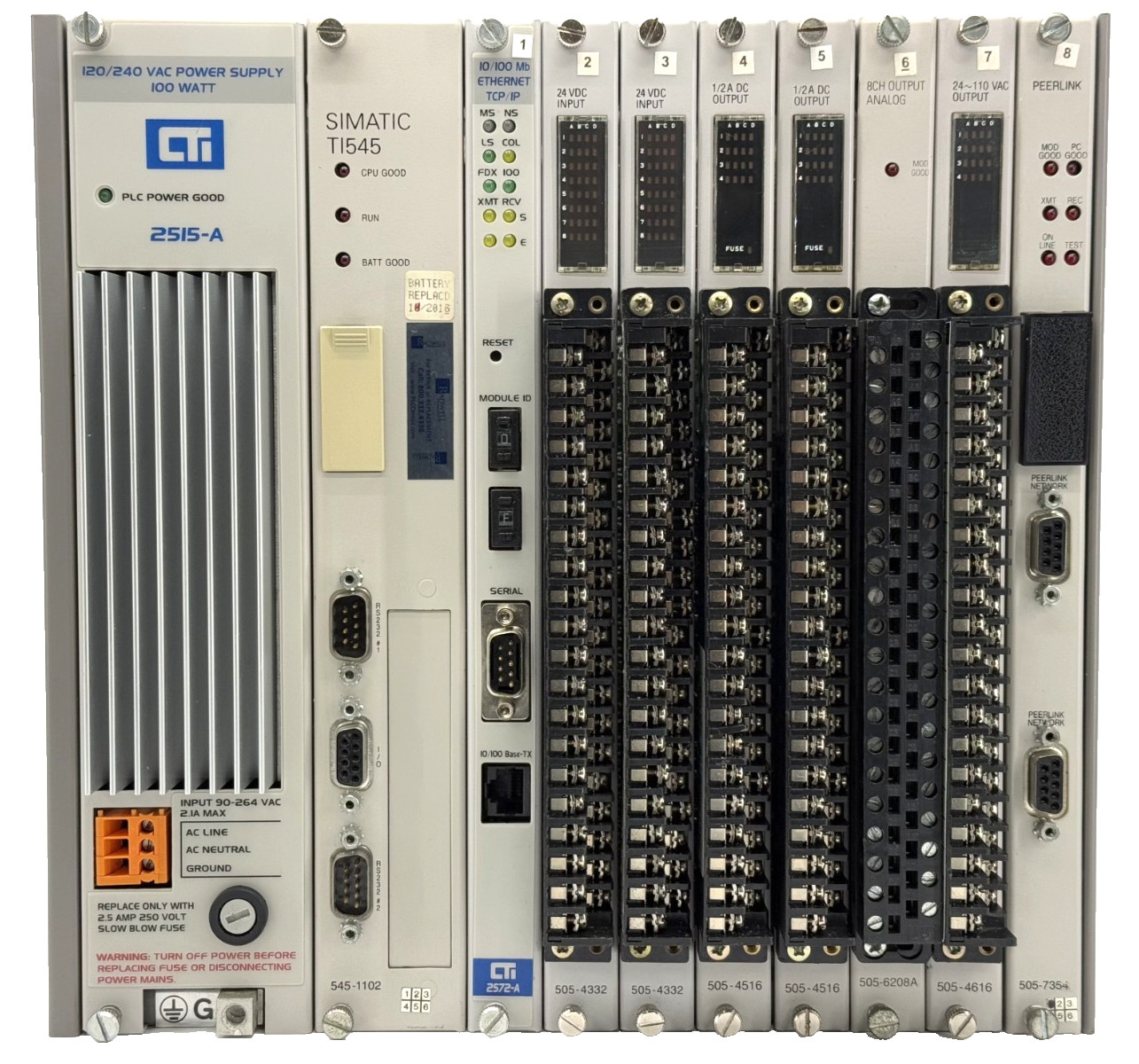 SIEMENS 505-6508 8-Slot Chassis Rack, 545-1102 CPU, CTI 2572-A Ethernet