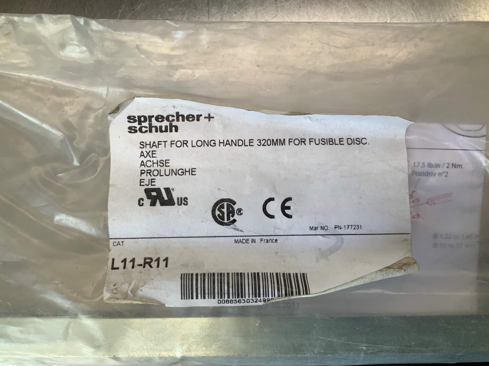 Sprecher+Schuh L11-R11 Shaft for Long Handle 320mm for Fusible Disconnect Switch