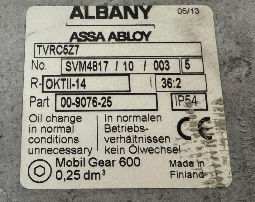 NEW ALBANY / ASSA ABLOY 00-9076-25 GEAR REDUCER 36:2 TVRC5Z7