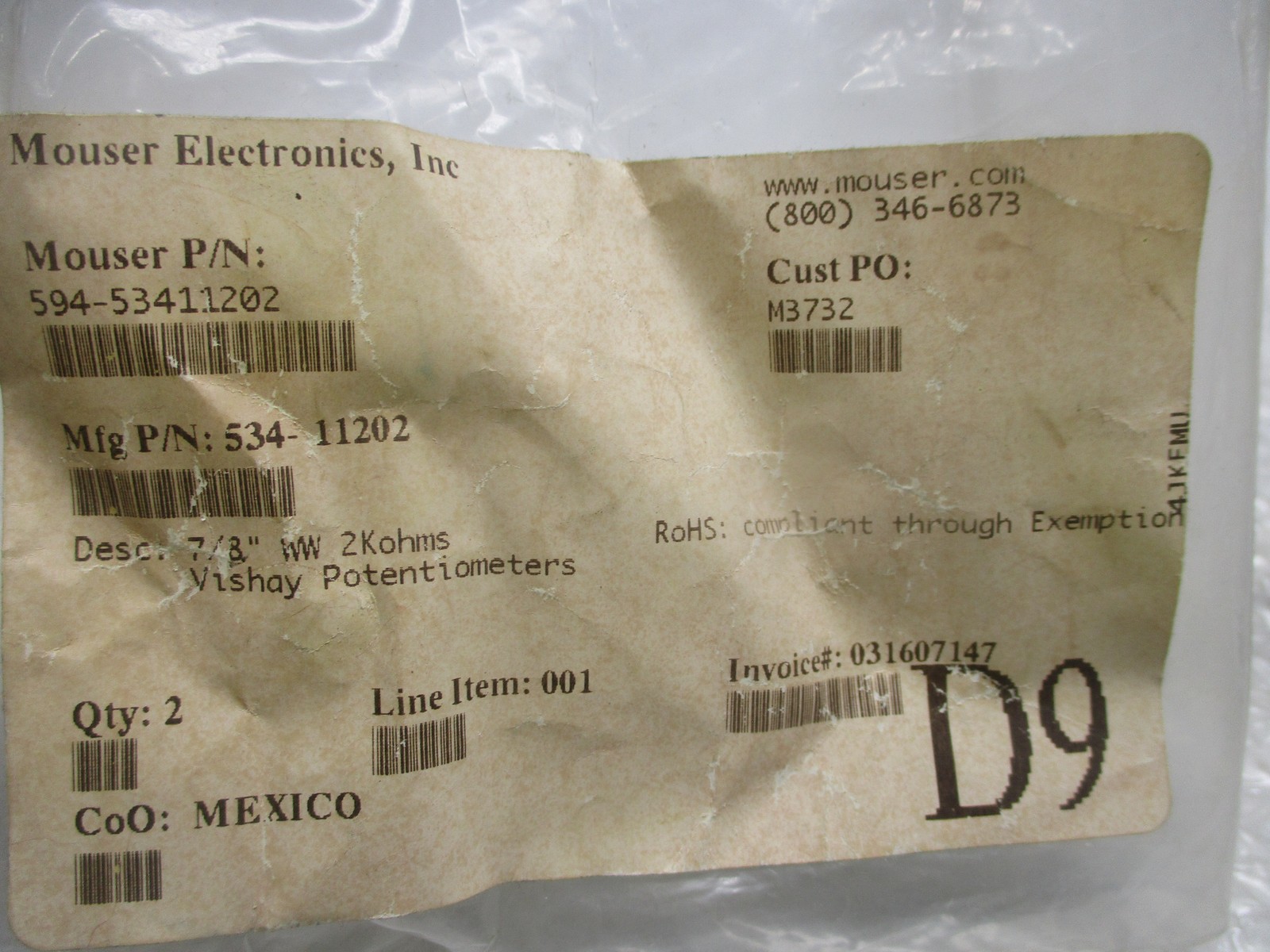 MOUSER ELECTRONICS 594-53411202 POTENTIOMETER PKG OF 2 NSMP