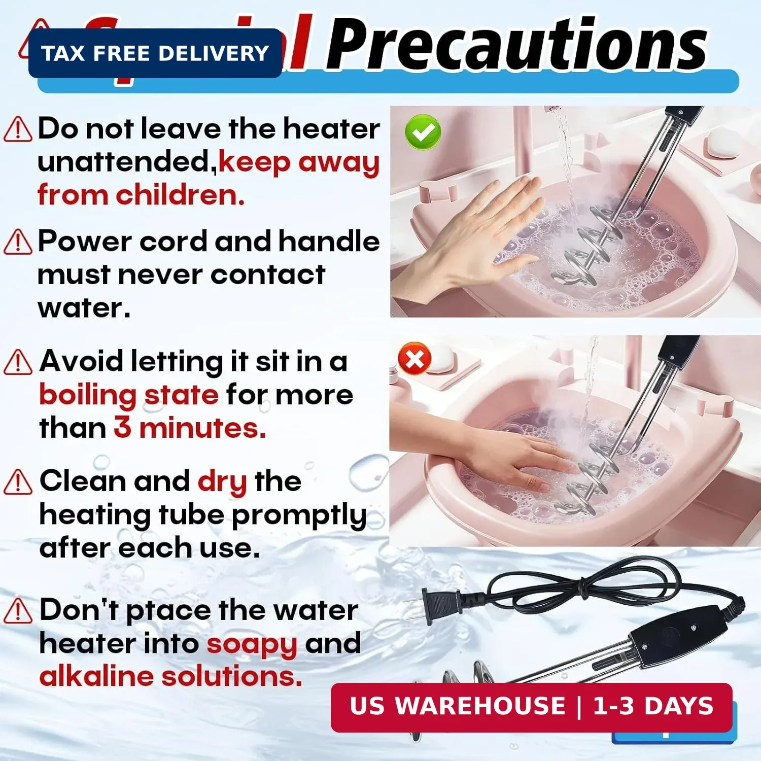 2 Pack 1000W Immersion Water Heater – 110V 10 Inch Submersible Heating Coil for