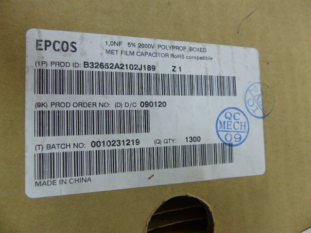 EPCOS B32652A2102J189 Qty of 50 per Lot FILM MKP P15 1NF 5% 2000V NAST; Cap Fil