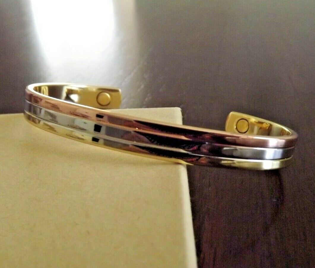 Pure Copper Magnetic Bracelet Arthritis Energy Adjustable Cuff Tri Tone