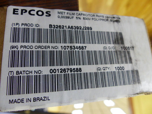 EPCOS B32621A6392J289 Qty of 250 per Lot FILM MKP P10 3.9NF 630V 5%; CAP FILM 3