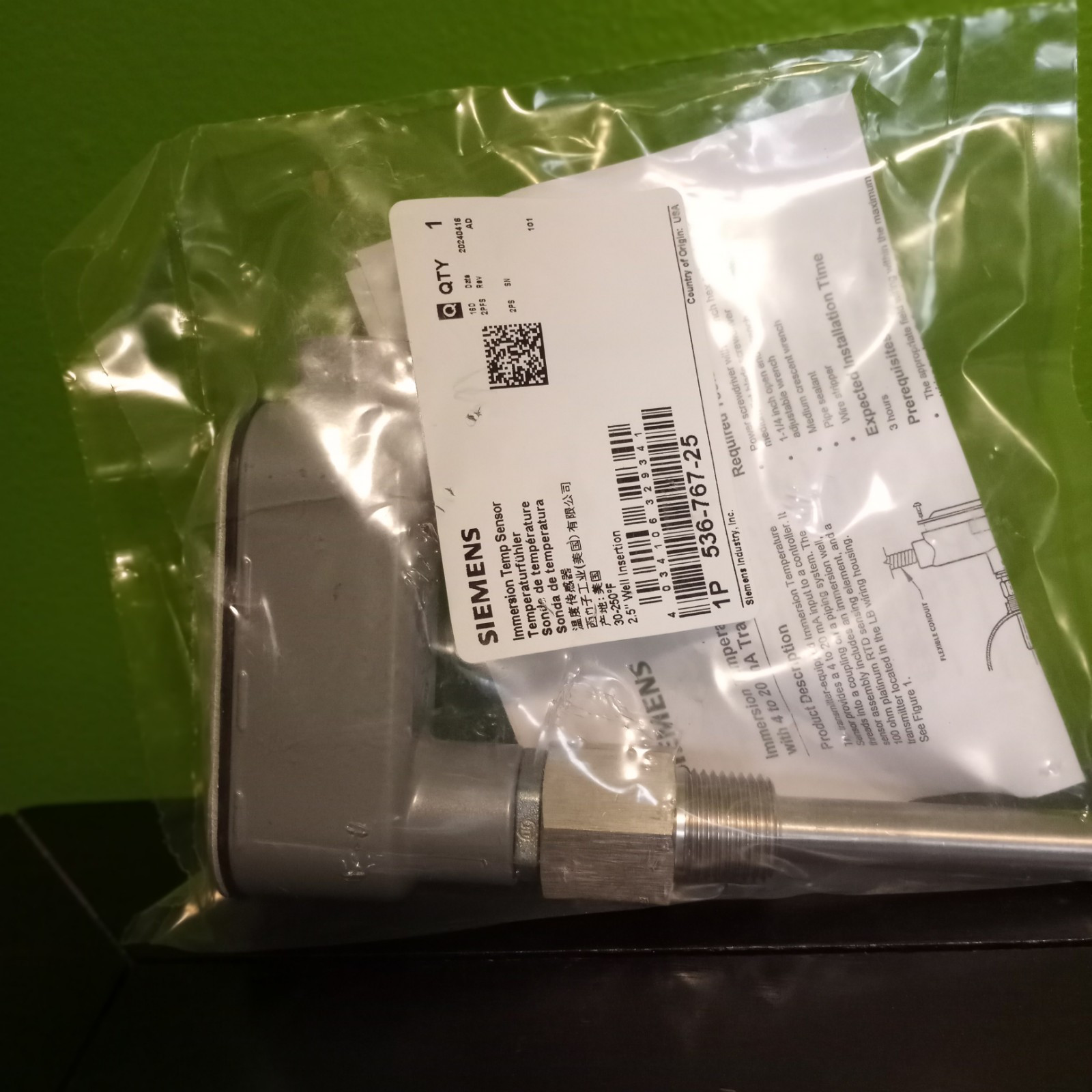 New Siemens Industry 536-767-25 Immersion Temp Sensor 30-250 F Temperature