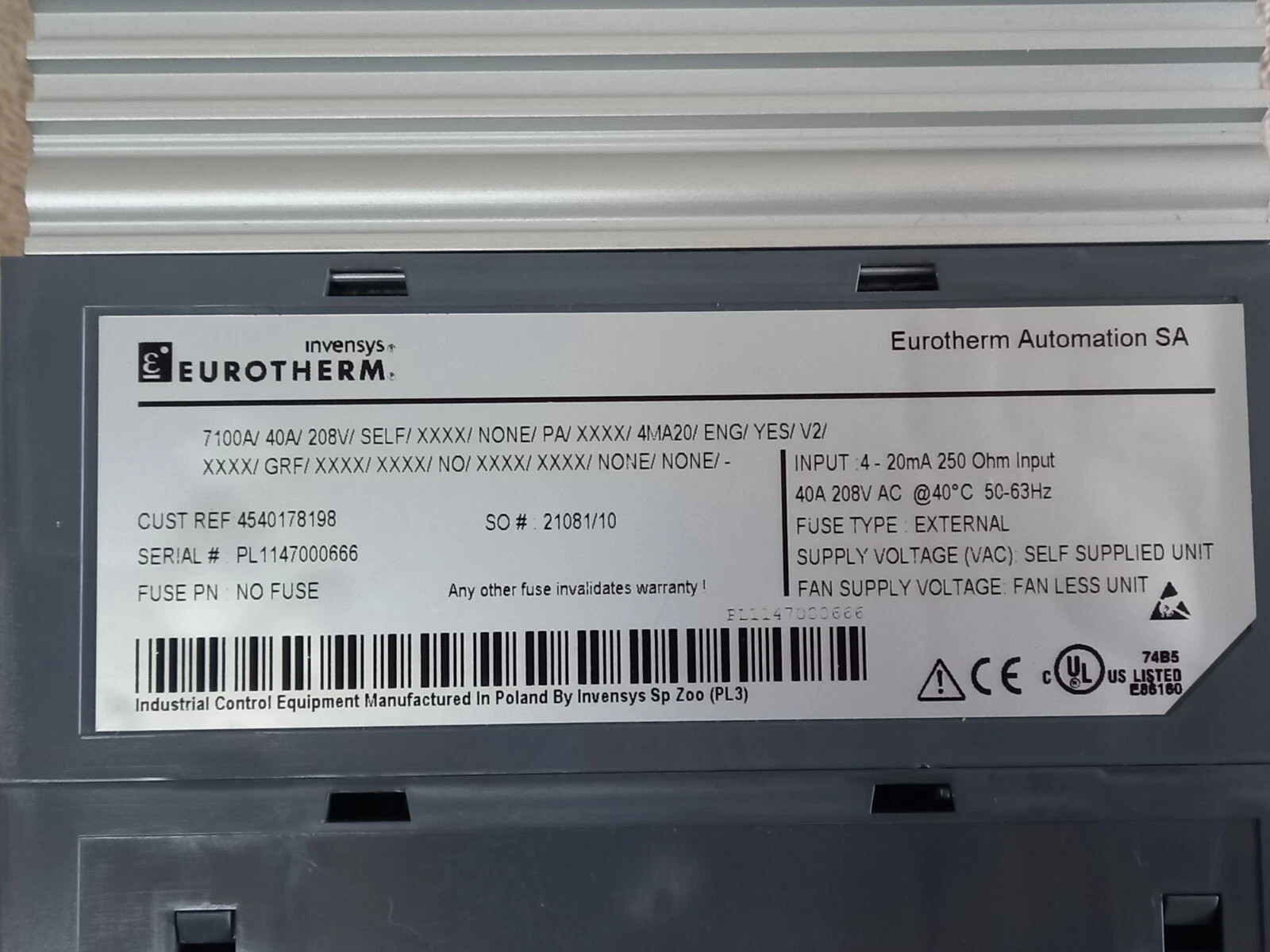 EUROTHERM 7100A/40A/208V/SELF/XXXX/NONE/PA/XXXX/4MA20/ENG/YES/V2/XXXX/ used