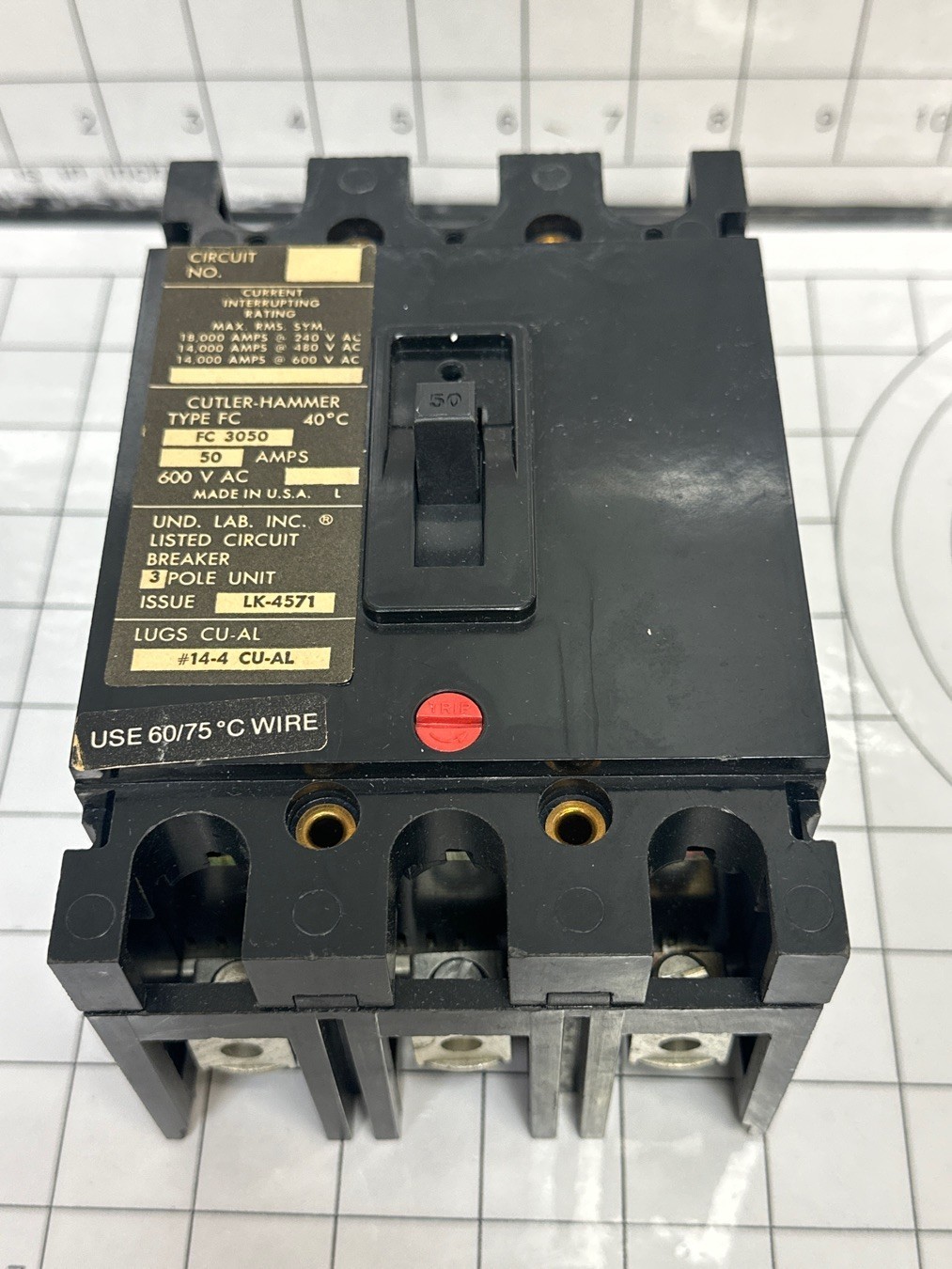 CUTLER HAMMER – FC3050 – CIRCUIT BREAKER, 50A, 600V, 3P, 3PH, BOLT-ON, MOLDED CA