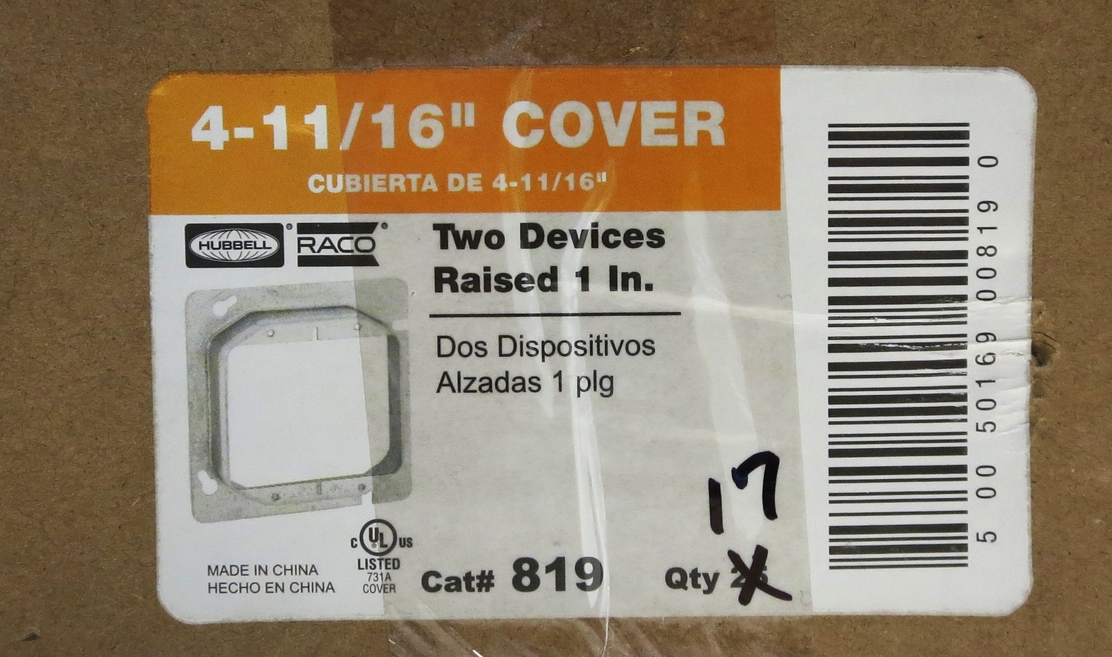 HUBBELL-RACO 819 4-11/16 in. Square Cover, 2-Device, 1 in. Raised (LOT OF 17)