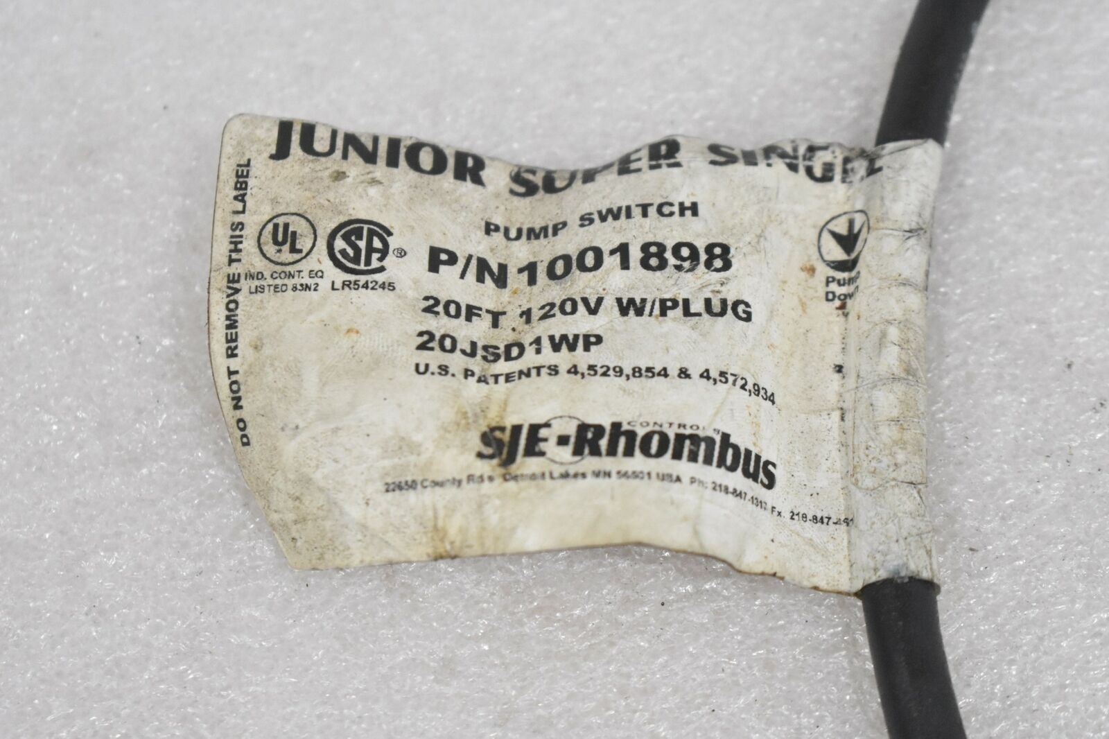 SJE-RHOMBUS 1001898 JUNIOR SUPER SINGLE PUMP SWITCH 20 FT. 120V W/ PLUG